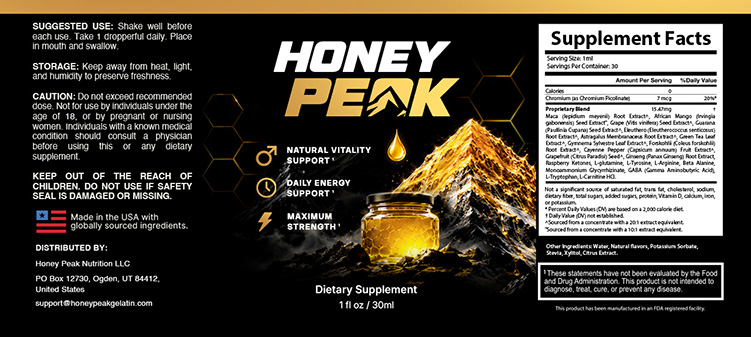 Honey Peak Drops label showing suggested use, storage, caution and the Supplement Facts panel